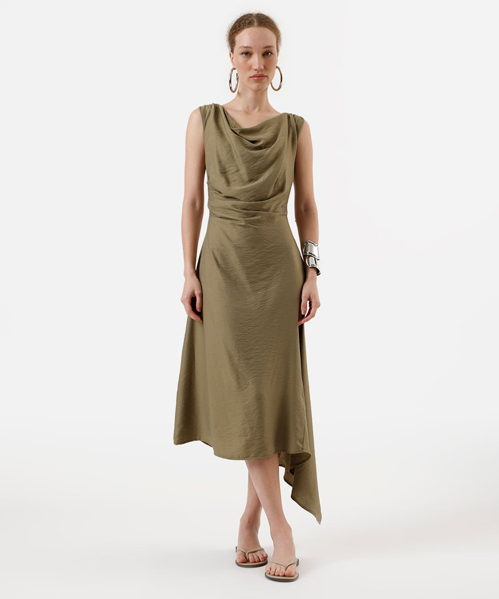vestido midi feminino com viscose e franzidos decote degagê verde