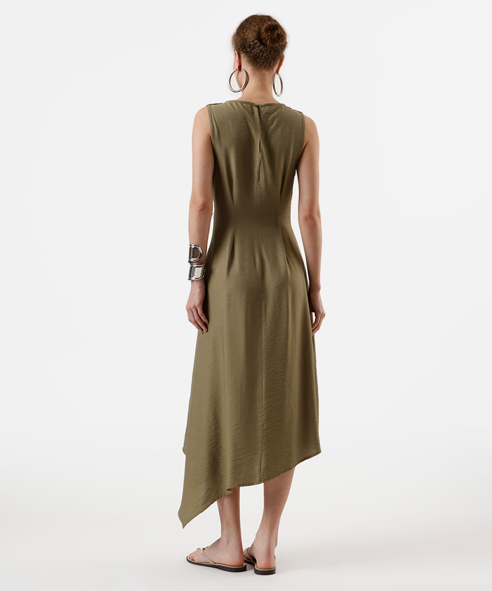 vestido midi feminino com viscose e franzidos decote degagê verde