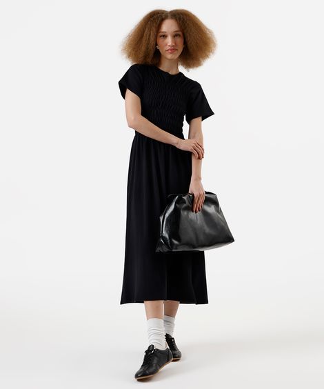 vestido midi feminino de algodão franzido preto