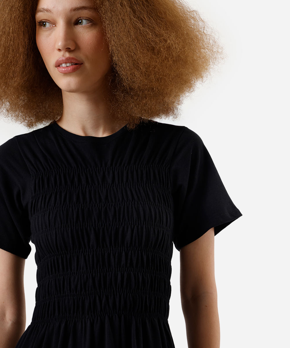 vestido midi feminino de algodão franzido preto