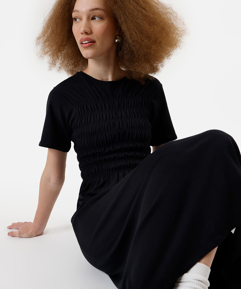 vestido midi feminino de algodão franzido preto