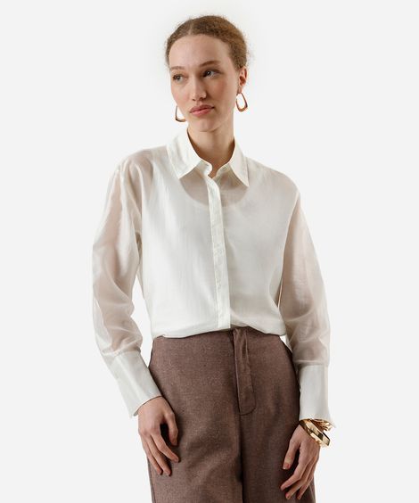 camisa feminina com liocel manga longa bege