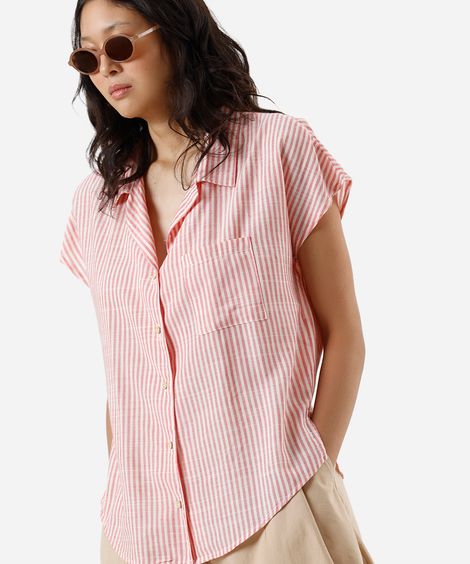 camisa feminina com viscose e bolso listrada vermelha