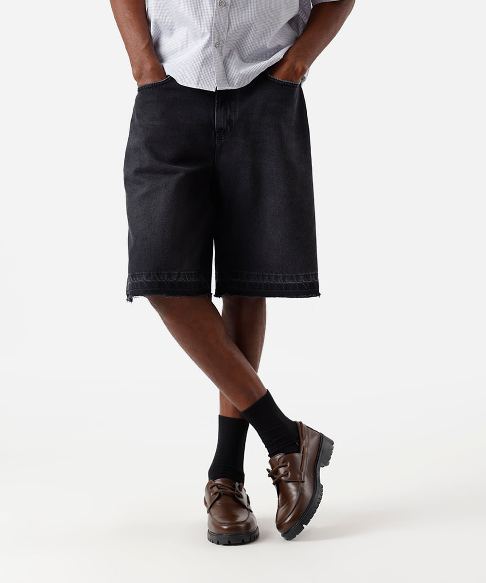 bermuda baggy masculina jeans com barra desfeita preta