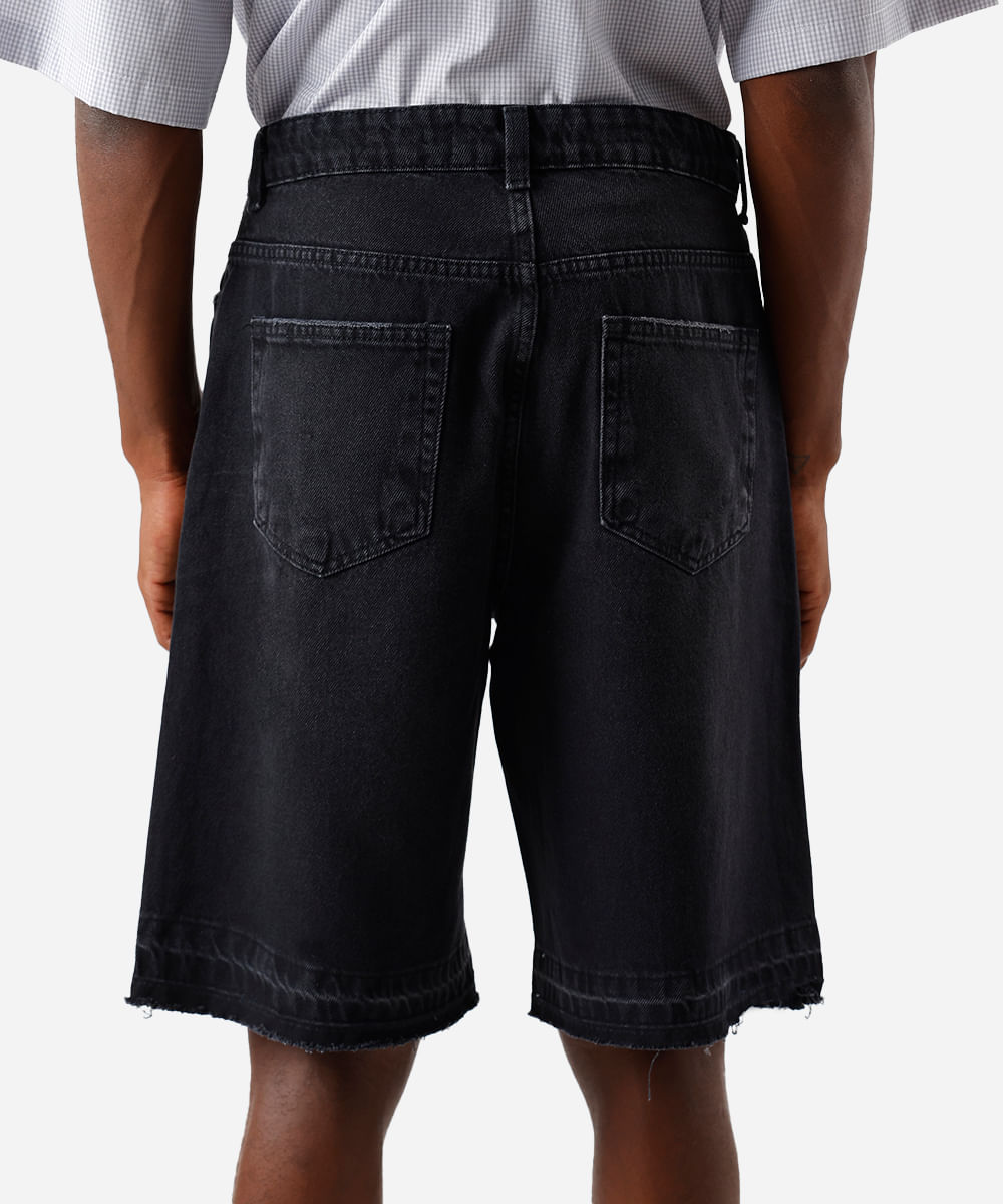 bermuda baggy masculina jeans com barra desfeita preta