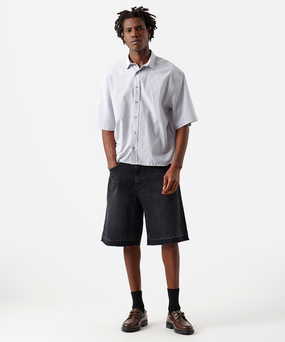 bermuda baggy masculina jeans com barra desfeita preta