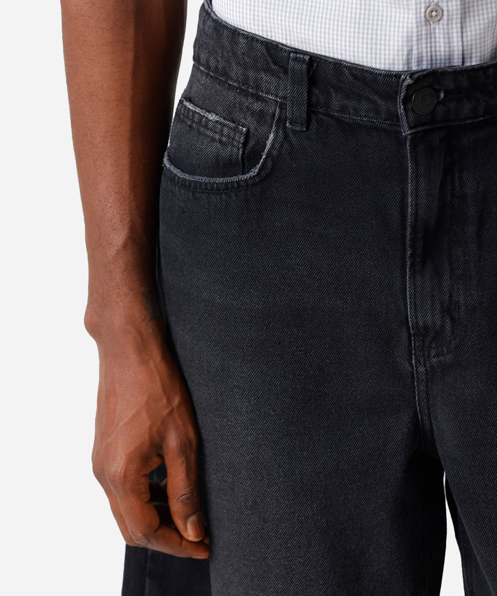 bermuda baggy masculina jeans com barra desfeita preta