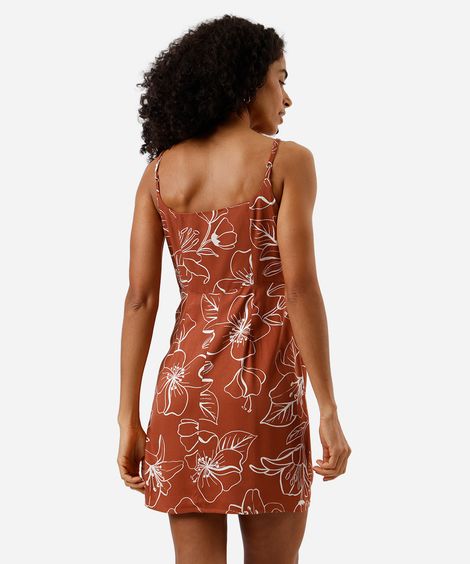vestido curto alça fina feminino de viscose com amarração floral marrom