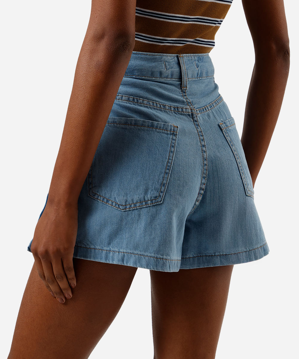 short saia feminino jeans com pregas azul