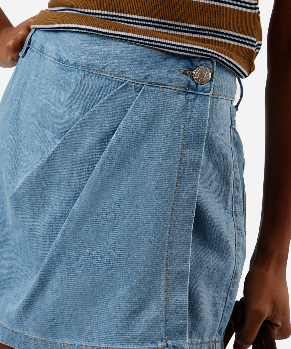 short saia feminino jeans com pregas azul