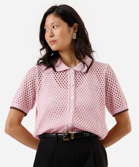 camisa feminina de tricot manga curta rosa