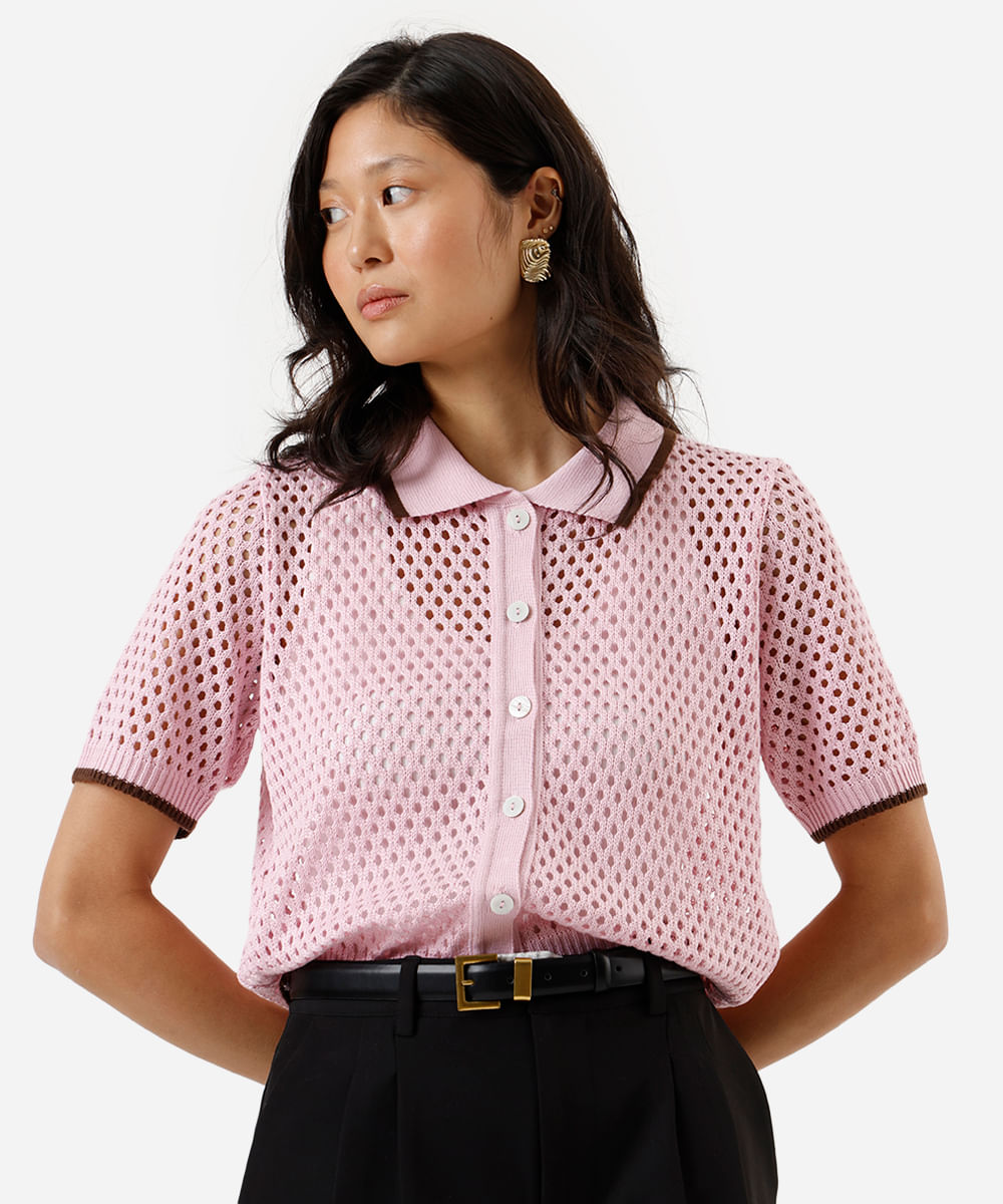 camisa feminina de tricot manga curta rosa