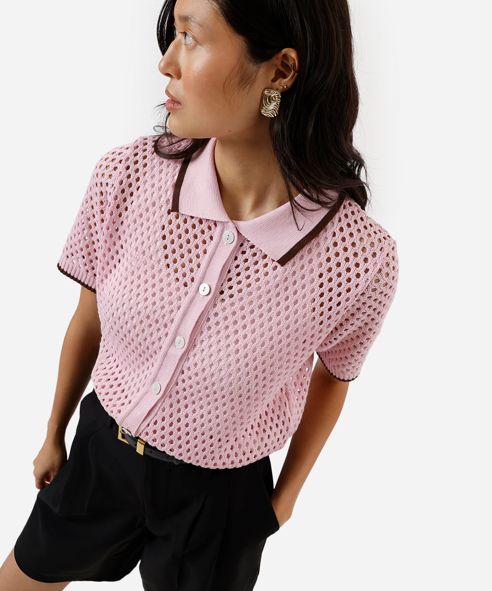 camisa feminina de tricot manga curta rosa