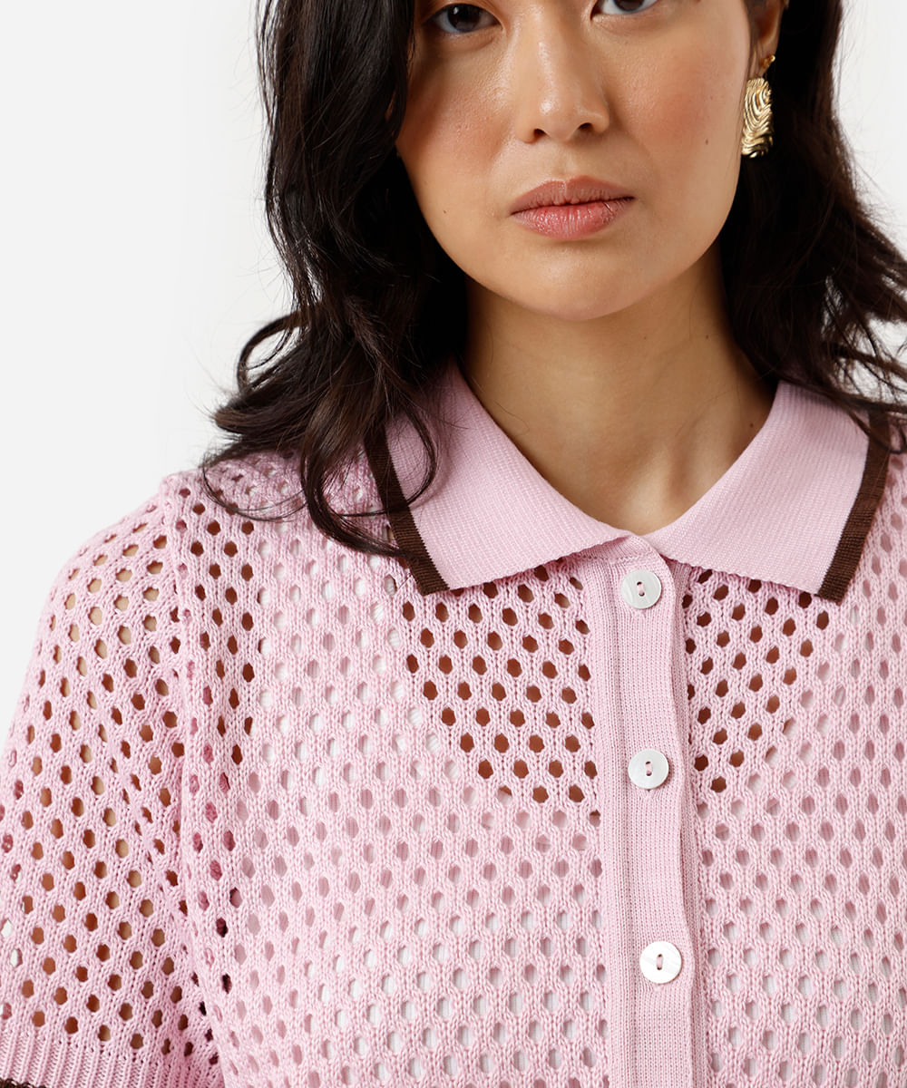 camisa feminina de tricot manga curta rosa