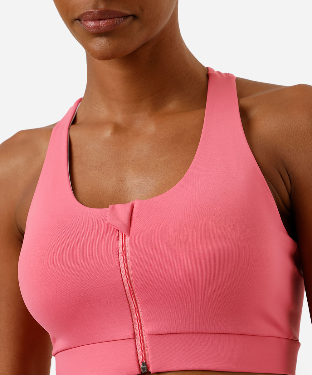 top nadador feminino esportivo com zíper rosa