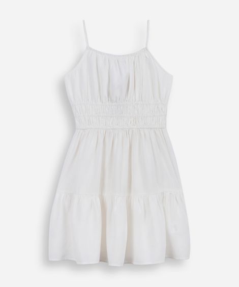 vestido curto juvenil alça fina com linho e recorte off white