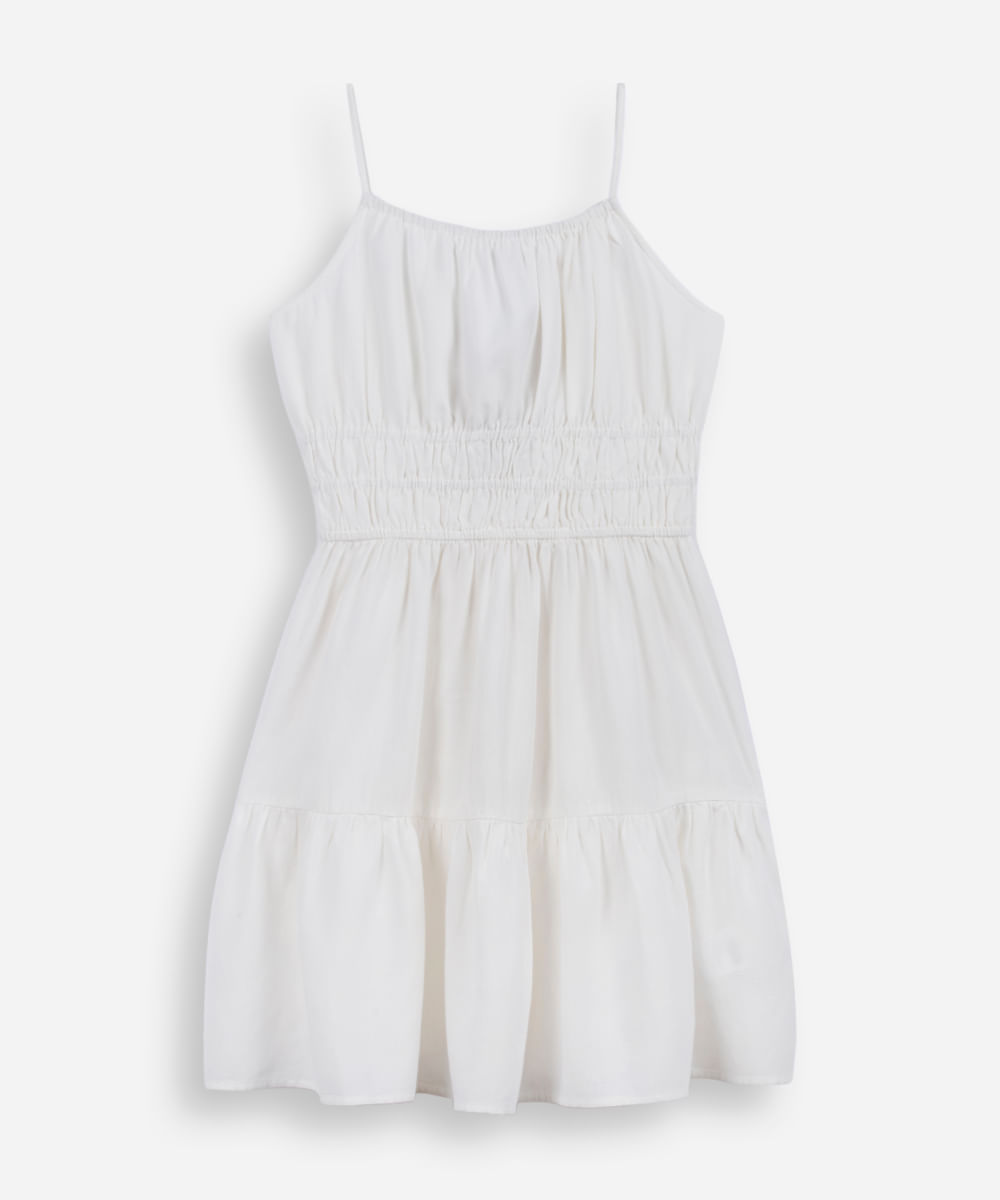 vestido curto juvenil alça fina com linho e recorte off white