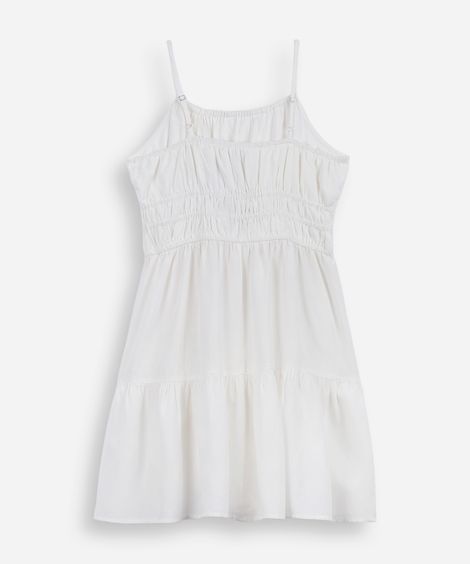 vestido curto juvenil alça fina com linho e recorte off white