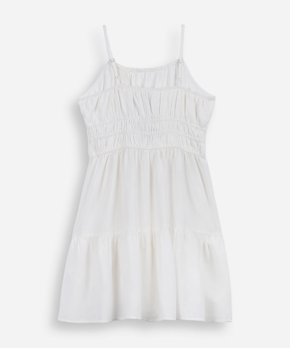 vestido curto juvenil alça fina com linho e recorte off white