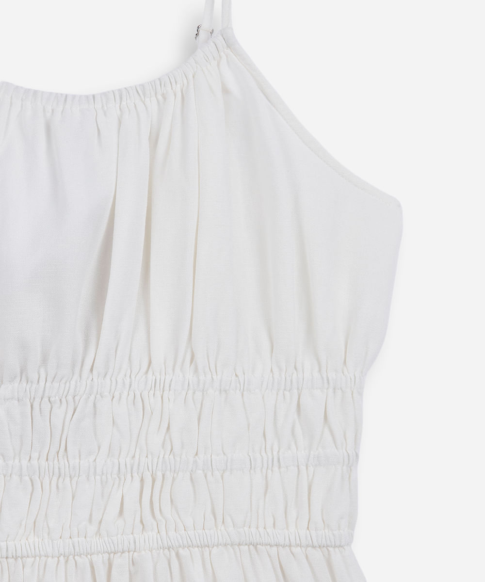 vestido curto juvenil alça fina com linho e recorte off white