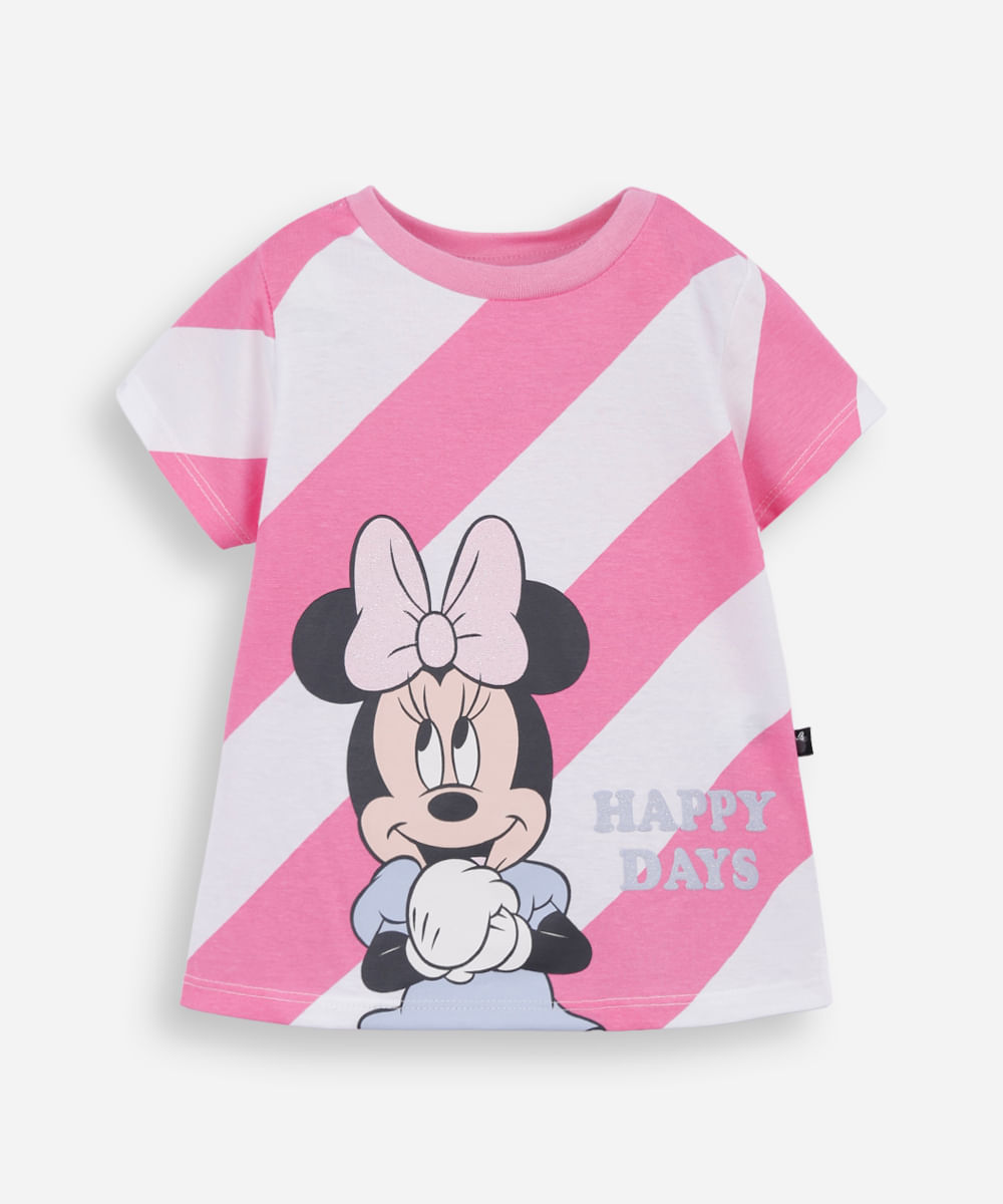 camiseta infantil de algodão minnie listrada rosa