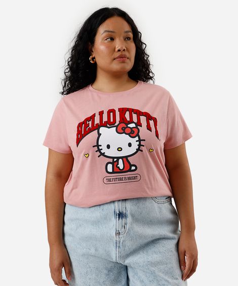 camiseta feminina de algodão hello kitty plus size rosa