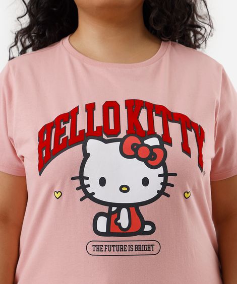 camiseta feminina de algodão hello kitty plus size rosa