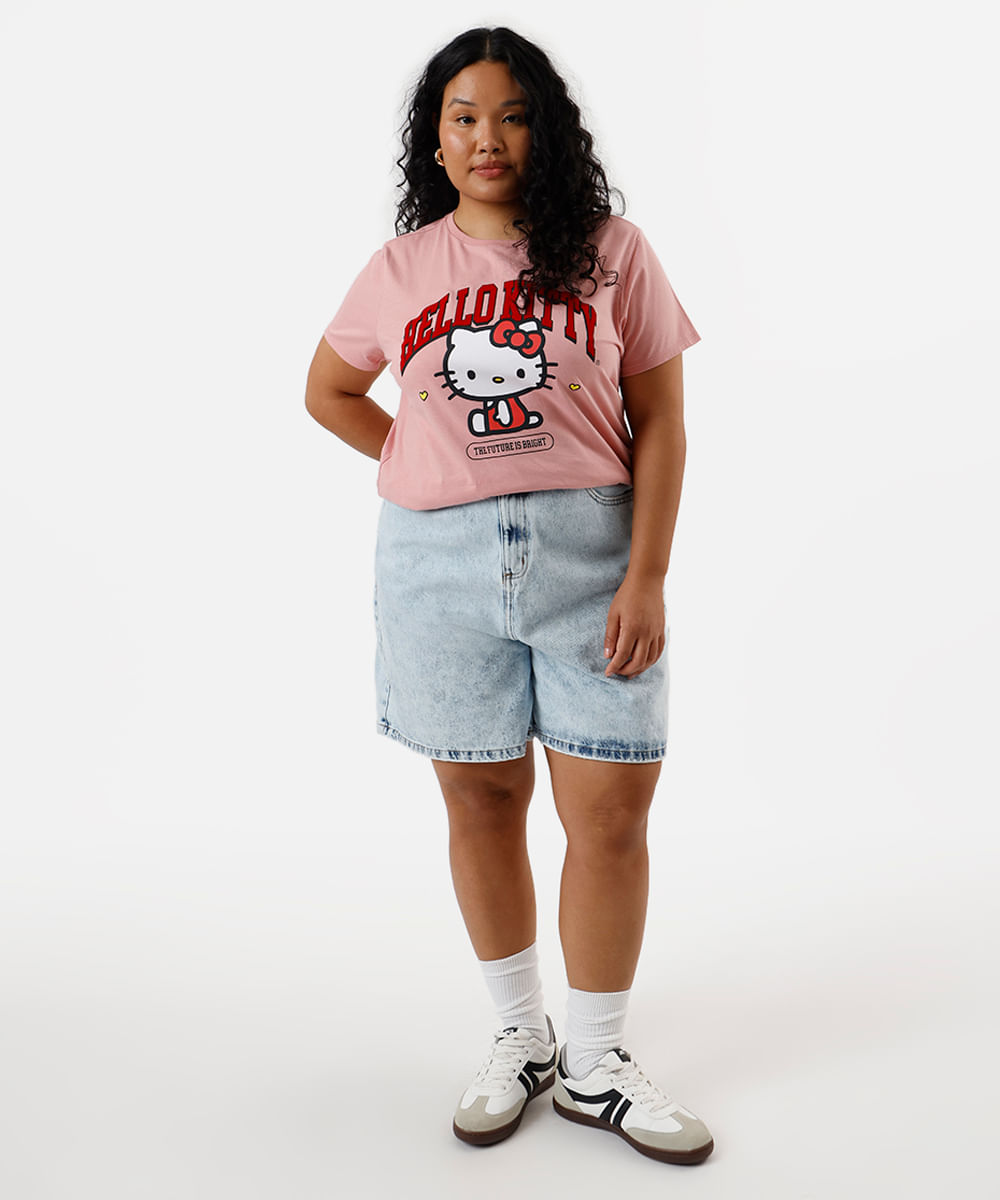 camiseta feminina de algodão hello kitty plus size rosa