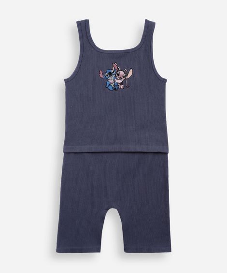 conjunto curto infantil canelado stitch e angel cinza