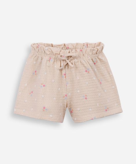 short infantil de algodão floral texturizado bege