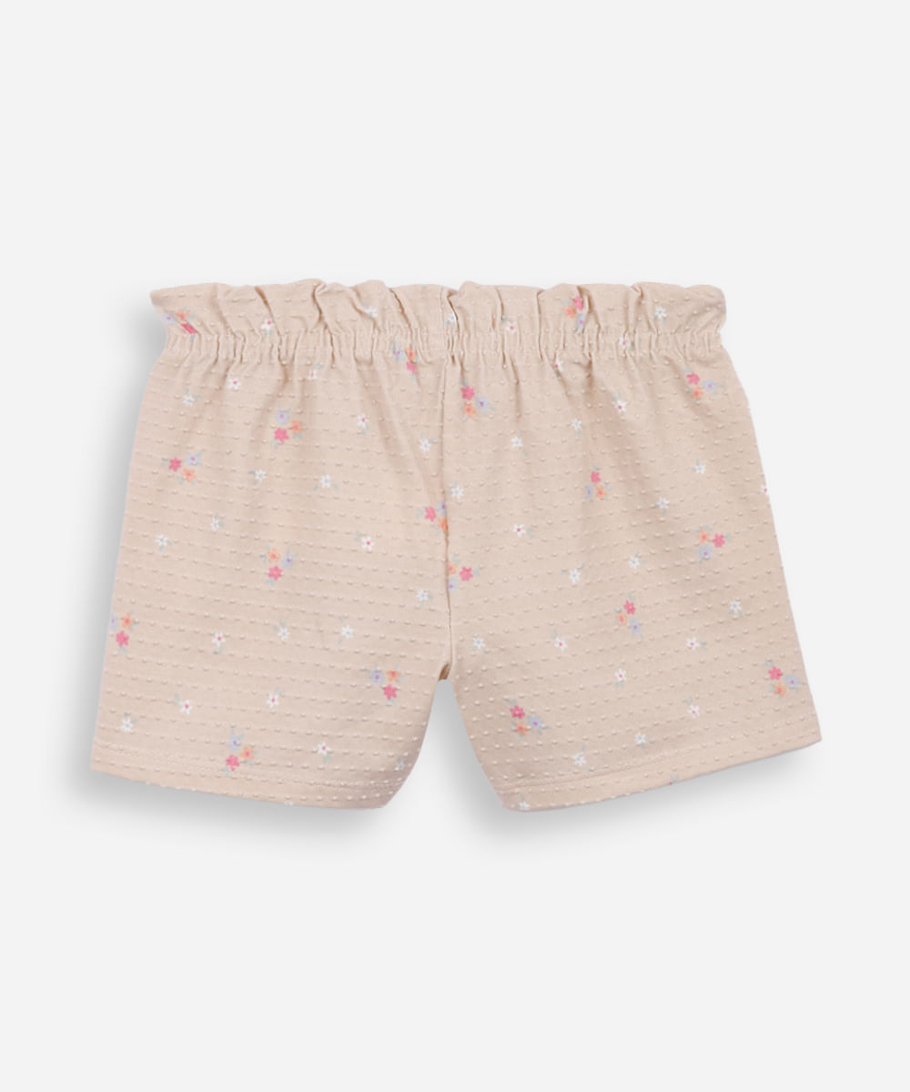 short infantil de algodão floral texturizado bege