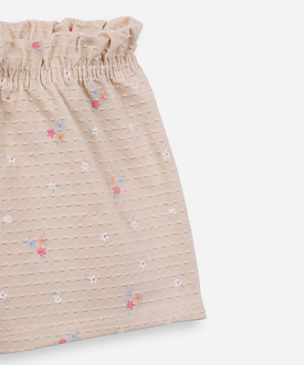 short infantil de algodão floral texturizado bege
