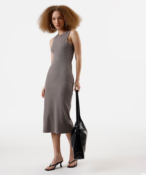 vestido básico midi feminino decote halterneck cinza