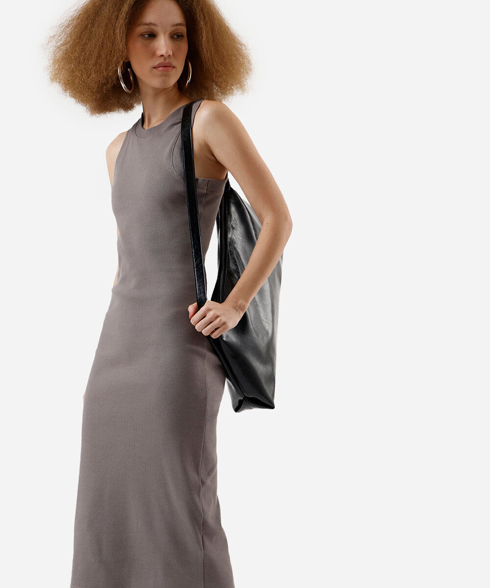 vestido básico midi feminino decote halterneck cinza