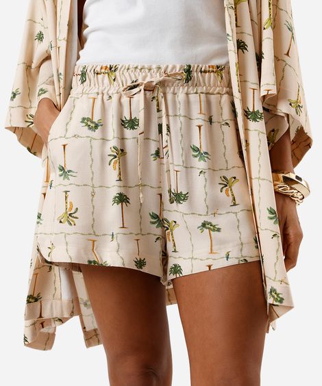 short feminino de viscose folhagens bege