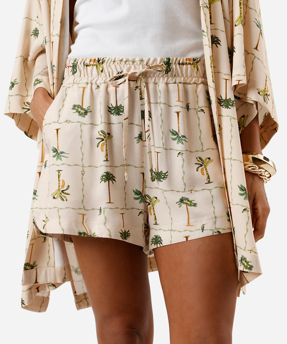 short feminino de viscose folhagens bege