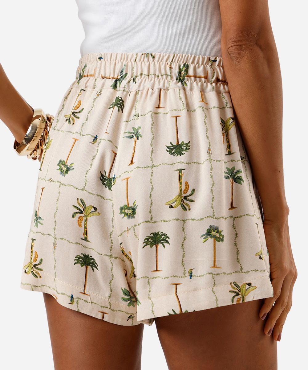 short feminino de viscose folhagens bege