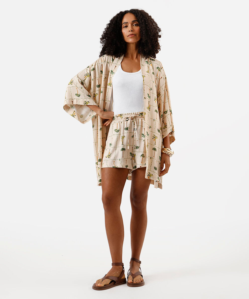 short feminino de viscose folhagens bege