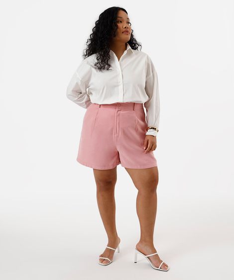 short feminino de alfaiataria com pregas plus size rosa