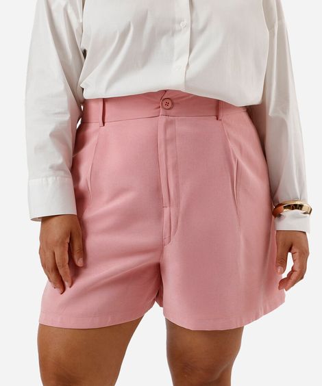 short feminino de alfaiataria com pregas plus size rosa