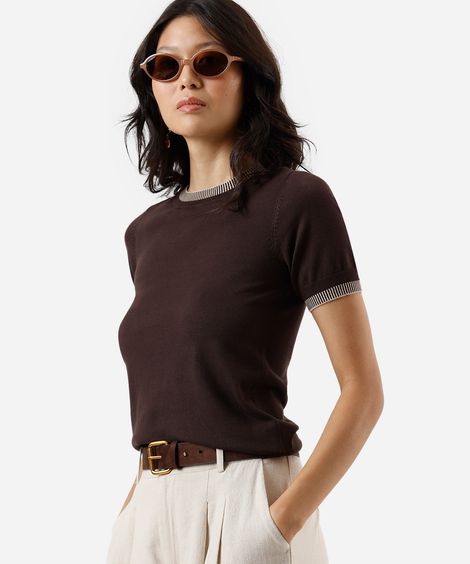 blusa feminina de tricot manga curta marrom