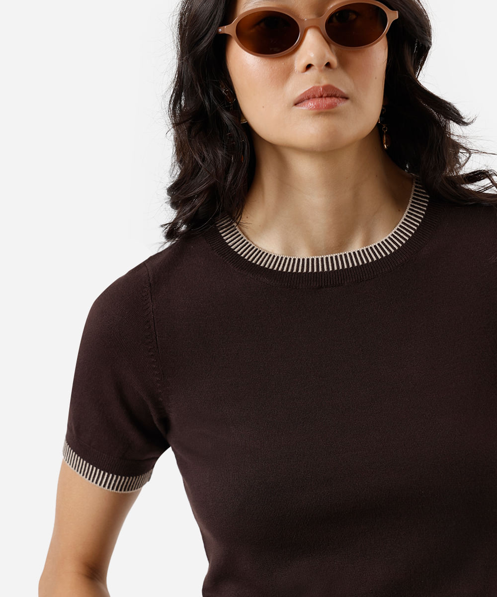 blusa feminina de tricot manga curta marrom