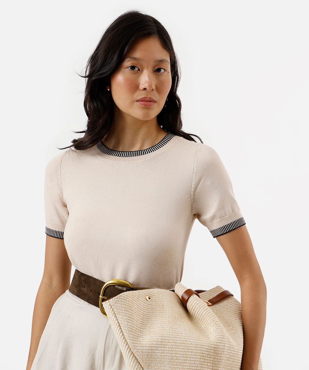 blusa feminina de tricot manga curta bege