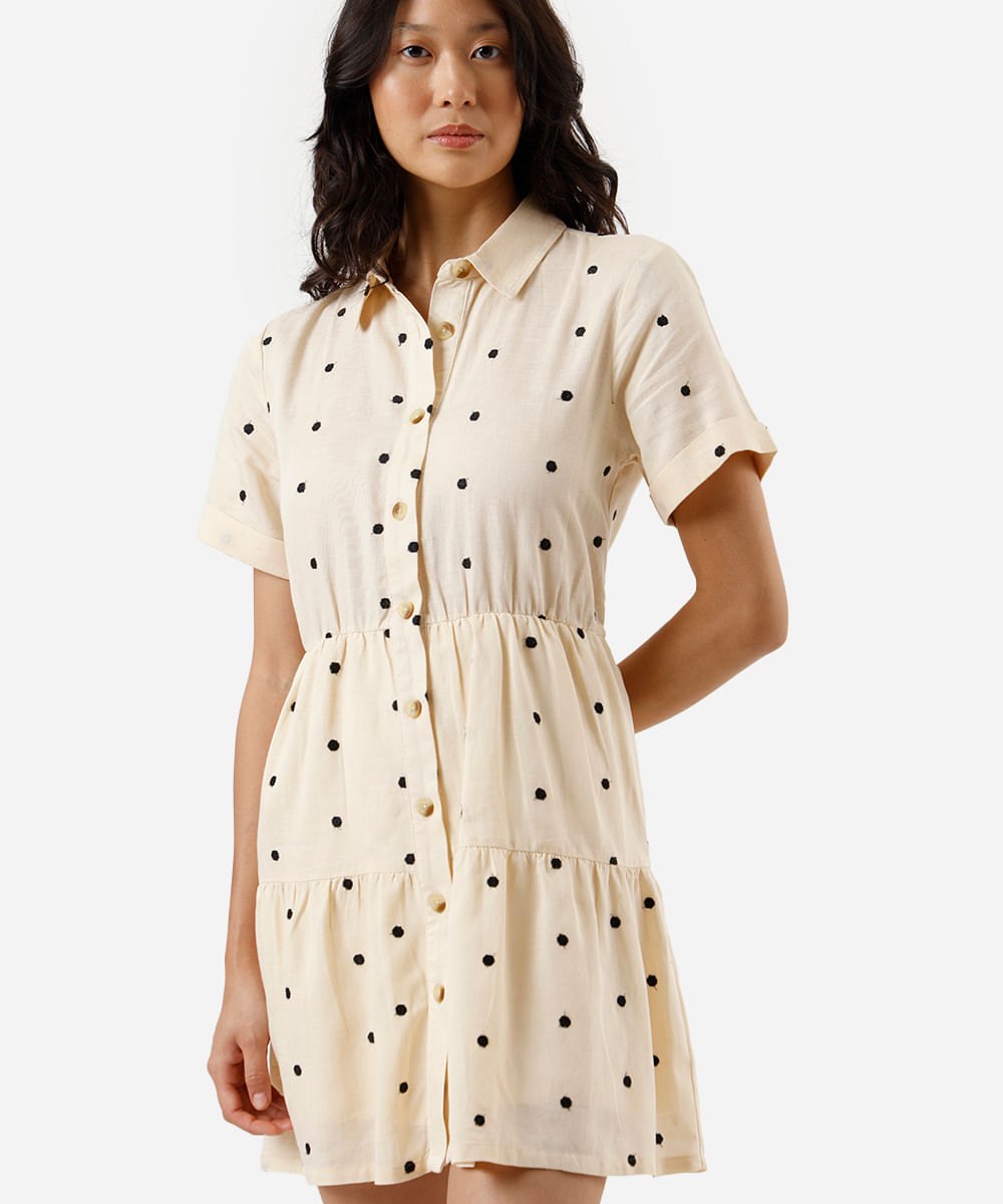 vestido curto chemise feminino com linho e recortes poá bege