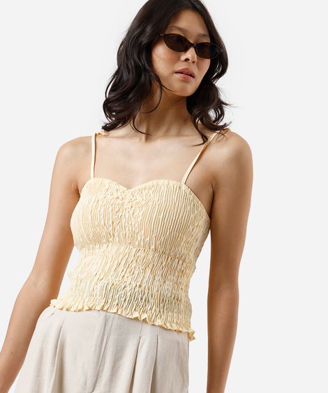 blusa alça fina feminina decote coração franzida amarela
