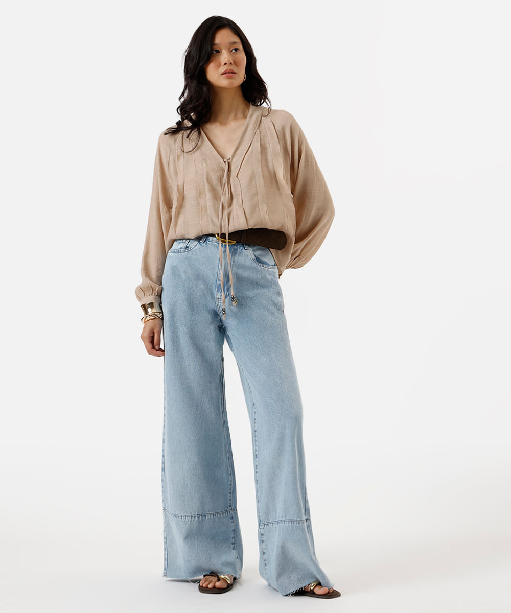 calça wide leg feminina jeans com recorte e barra a fio sawary azul