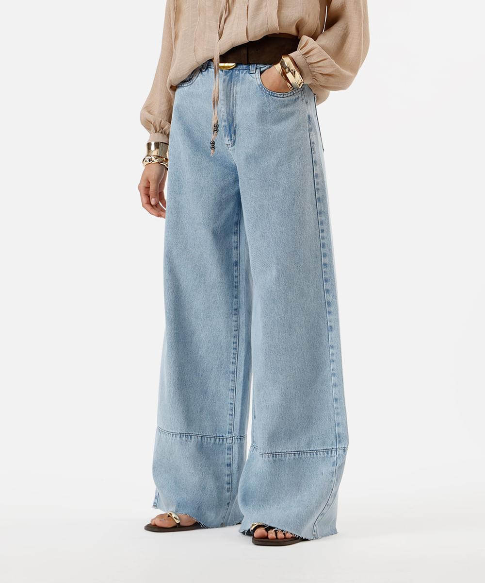 calça wide leg feminina jeans com recorte e barra a fio sawary azul