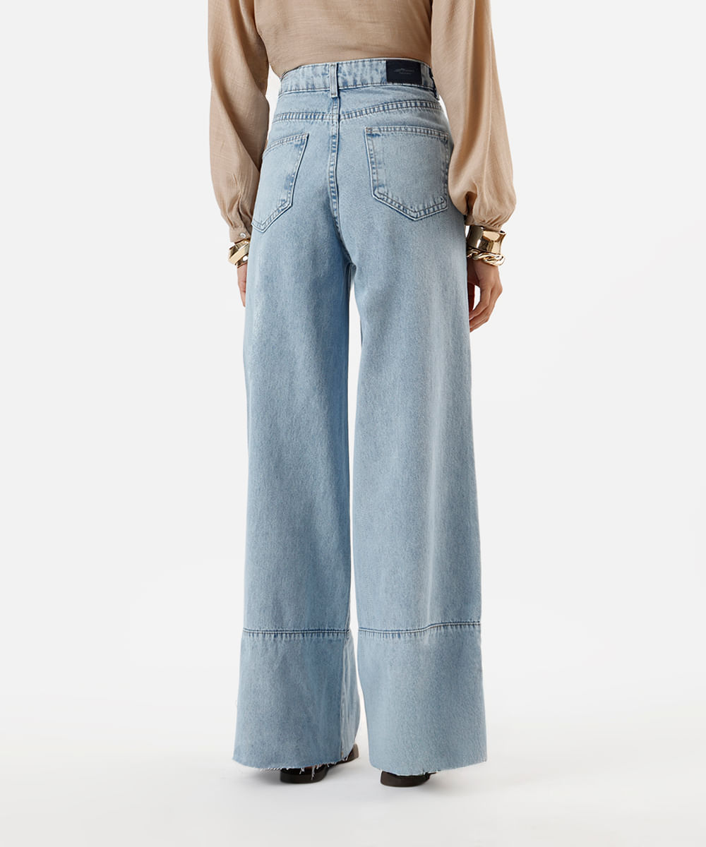 calça wide leg feminina jeans com recorte e barra a fio sawary azul