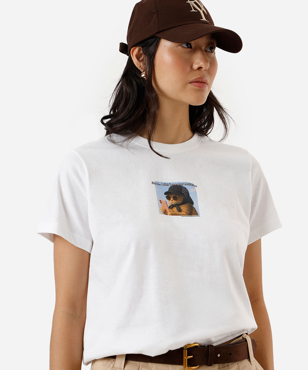 camiseta feminina de algodão gatinho off white