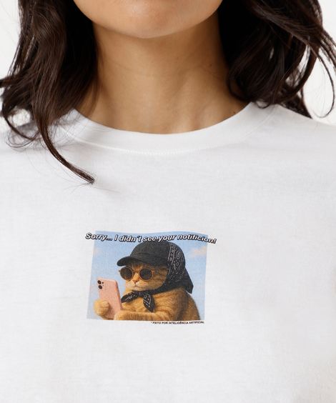 camiseta feminina de algodão gatinho off white